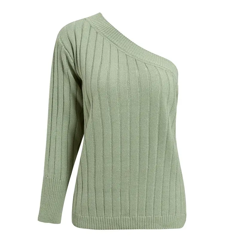 Misswim Sexy one shoulder knitted sweater women 2019 Autumn winter jumper pullover Ribbed green female knitwear Chic sweaters | Женская