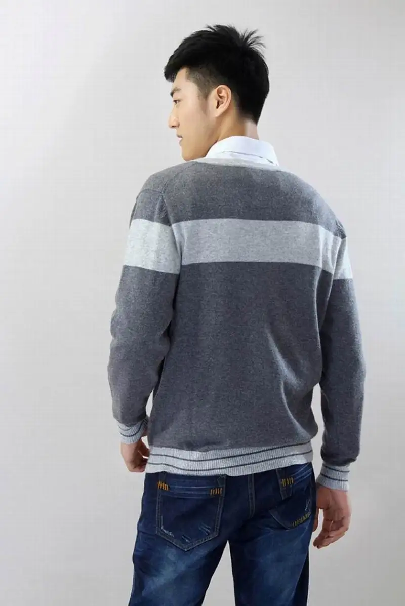 100% кашемировый свитер мужской кардиган с v-образным вырезом Серый полосатый