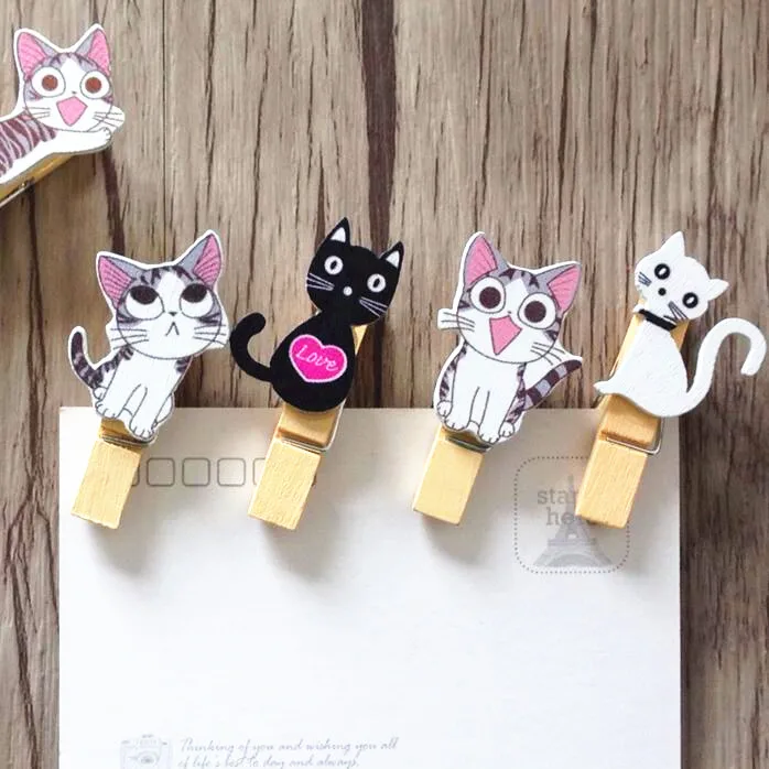 

10pcs/Lot Japan style Cute cat wooden clips + rope Mini nice Food clip Kawaii wood clip for bag Students' DIY tools