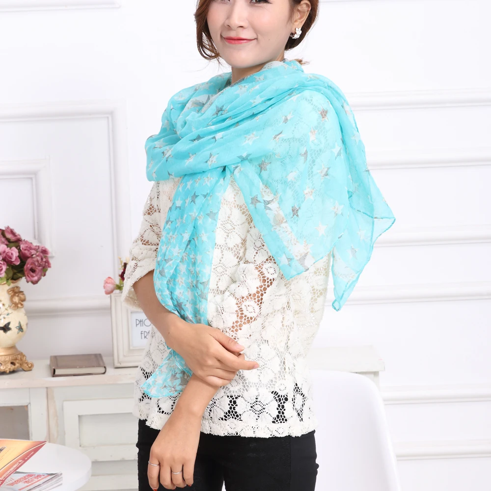 

2019 New Fashion Thin Lightweight Women Scarfs Blue Star Print Polyester Long Warm Soft Beach Summer Spring Scarf 180*70 cm