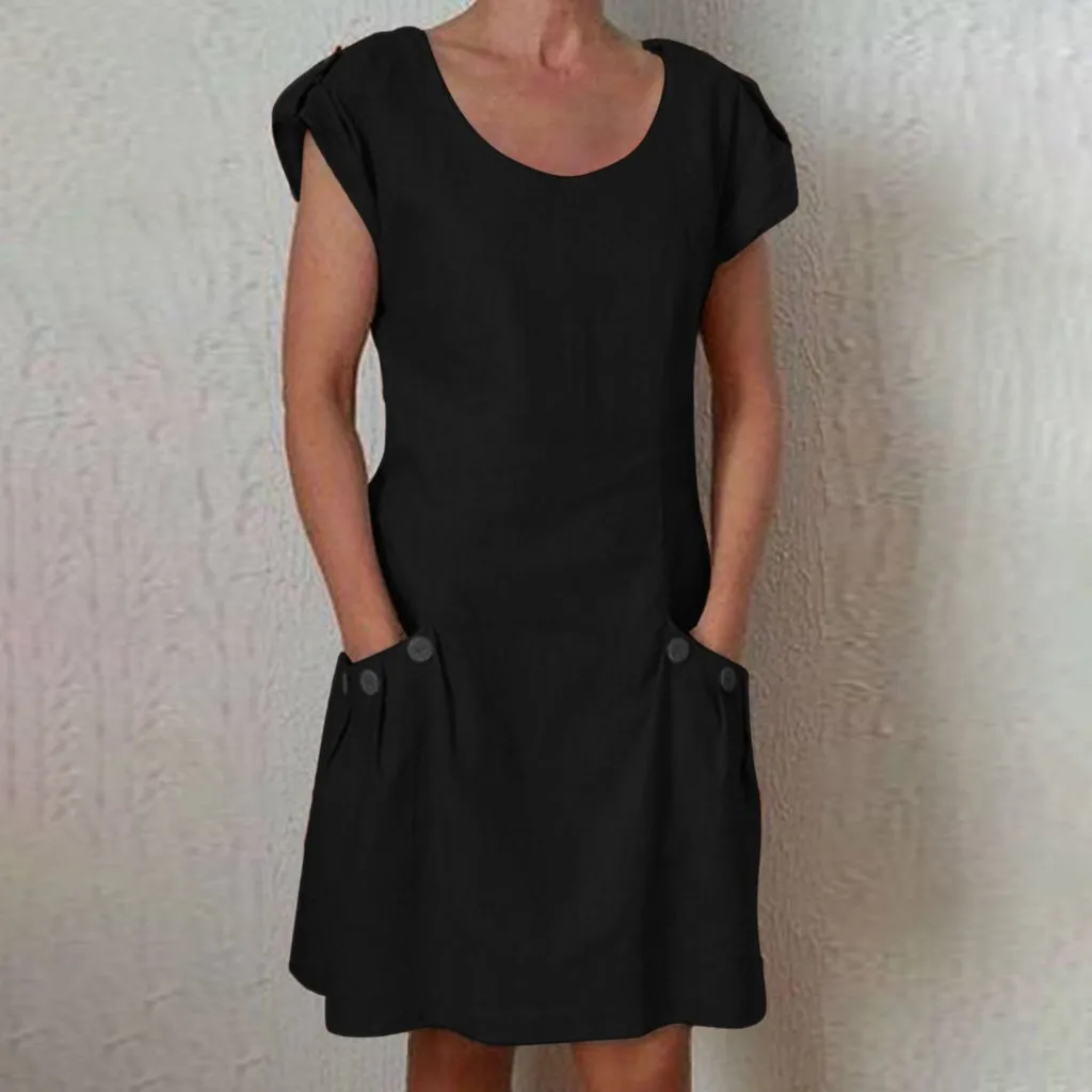 Женское платье повседневное однотонное с гофрированными карманами о вырезом| |