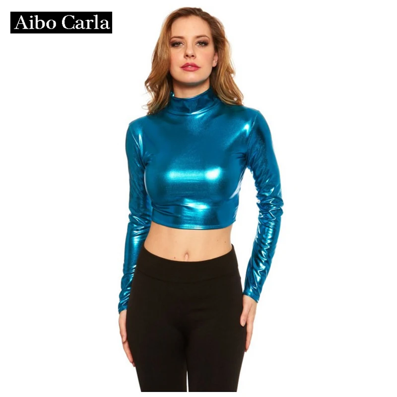 7 Цвета Плюс Размер Мода Металлик Рубашки Водолазку Блузка Женщины Яркий Цвет