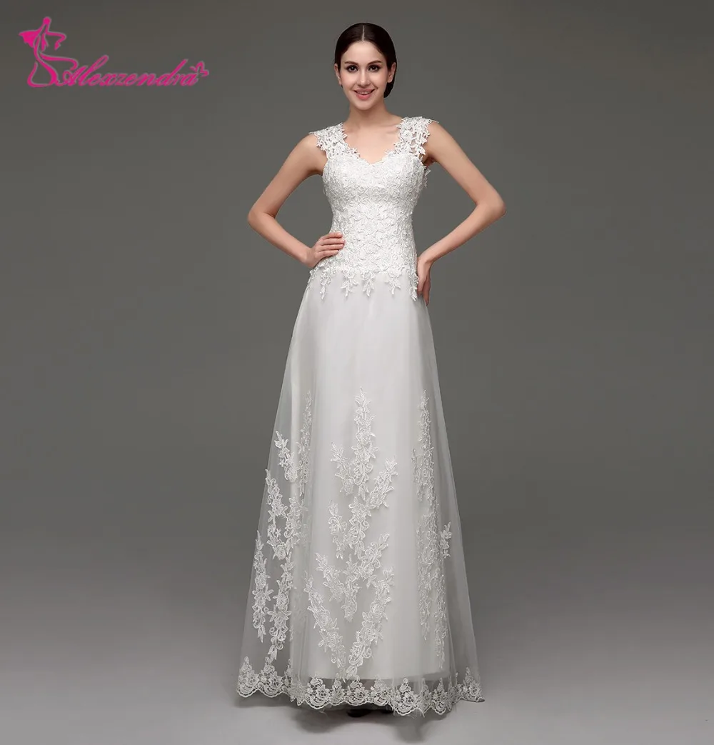 

Alexzendra Stock Dresses Simple V Neck A Line Wedding Dress Tulle Appliqued Illusion Back Bridal Gowns Ready to Ship