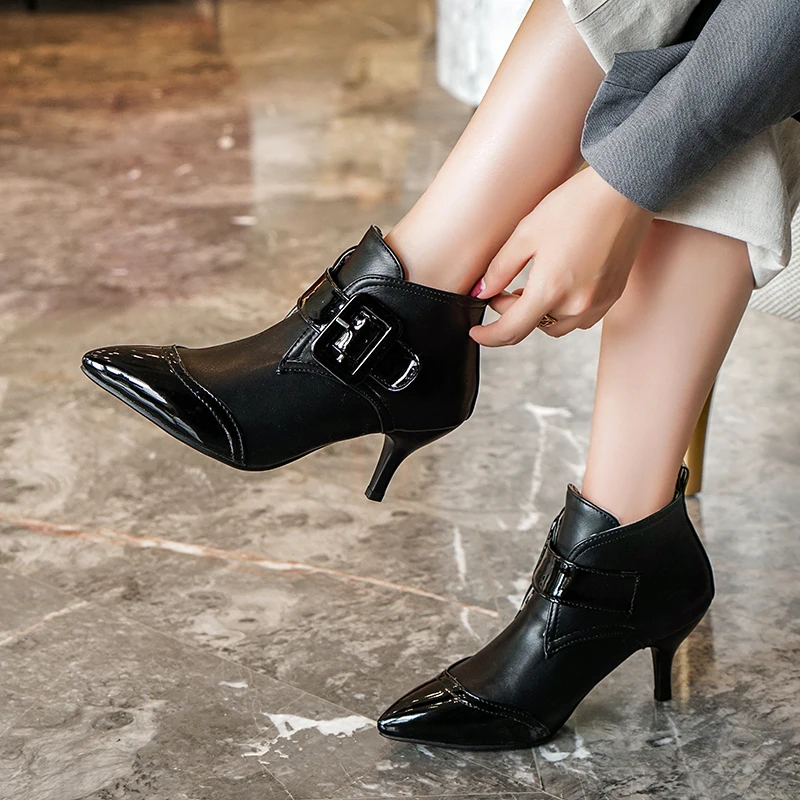 QUTAA Patent Leather Mixed Color Buckle Strap Women Shoes Autumn Winter Sexy Thin Heel Pointed Toe Ankle Boots Size 34-43