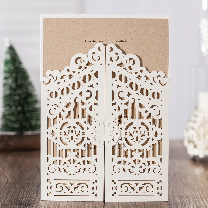

100PCS Laser Cut Wedding Invitations Cards with Ivory Open Door Hollow Flowers Design Cardstock for Wedding Party Favors CW6178