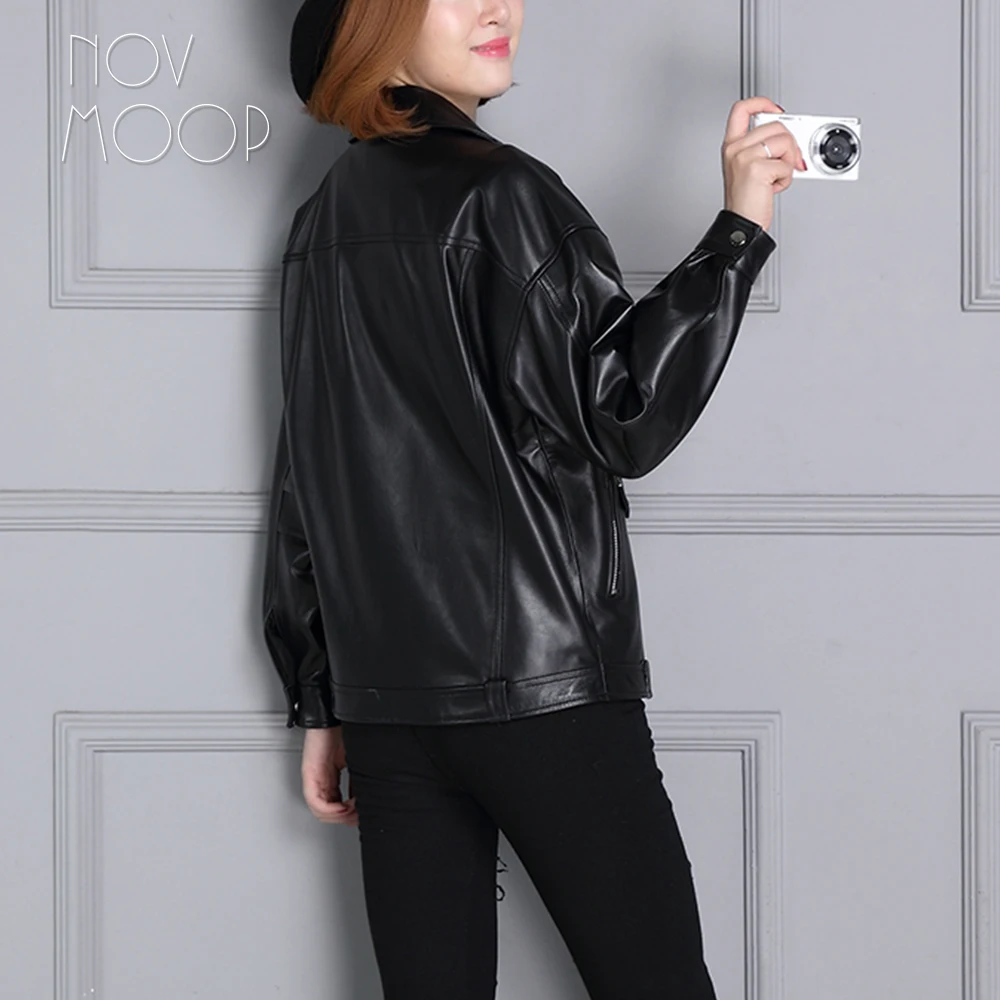 Корейский стиль женское черное повседневное пальто из натуральной овечьей кожи