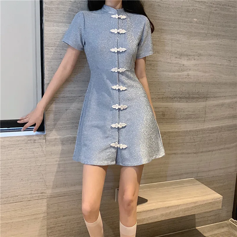 Cheongsam кнопка водолазка короткий рукав тонкий элегантный Высокая талия мини платье блеск Винтаж корейский Япония для женщин сексуальная милая Лолита