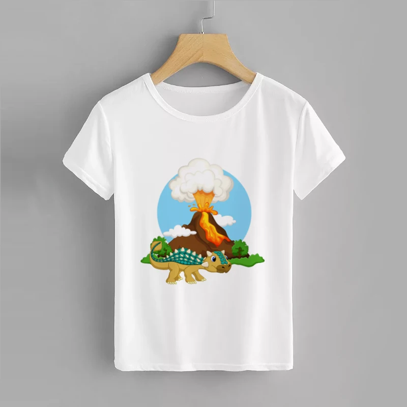 Dinosaur Print Children T-shirts Funny Boys Girls Summer Tops White Short Sleeve T Shirts Cartoon | Детская одежда и обувь
