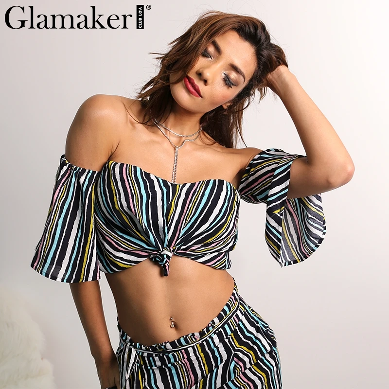 Женский комбинезон с открытыми плечами Glamaker Летний в полоску на шнуровке костюм