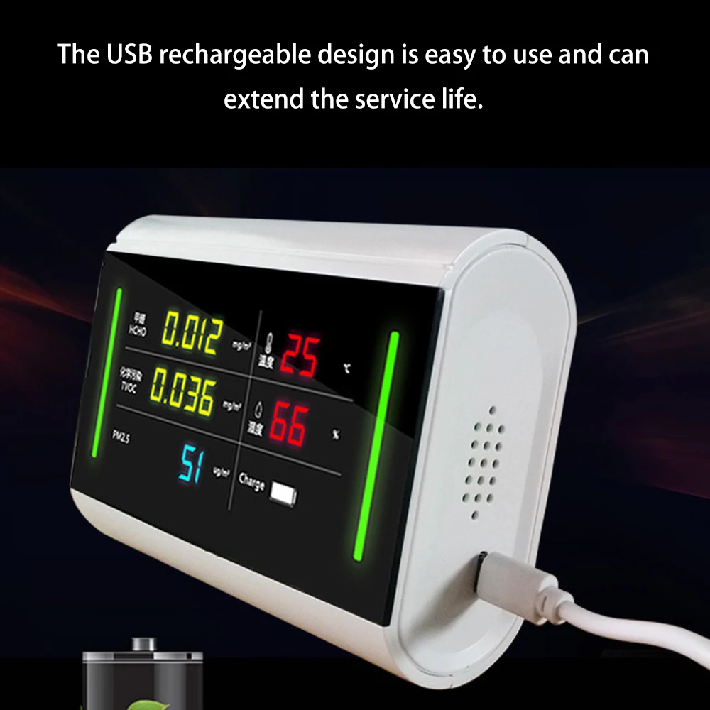 5-в-1 цифровой USB Перезаряжаемые PM2.5 детектор TVOC HCHO измеритель формальдегида анализатор качества воздуха с Звуковая и визуальная сигнализация