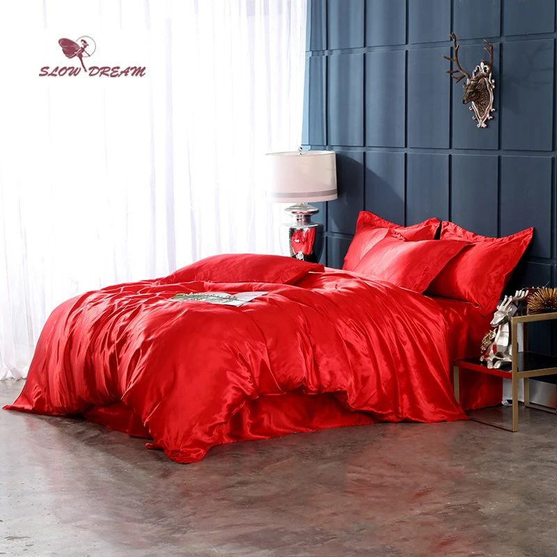 

SlowDream Red Bedding Set 100% Satin Silk Luxury Bedspread Bed Flat Sheet Pillowcase Bed Linens Duvet Cover Set Bedclothes