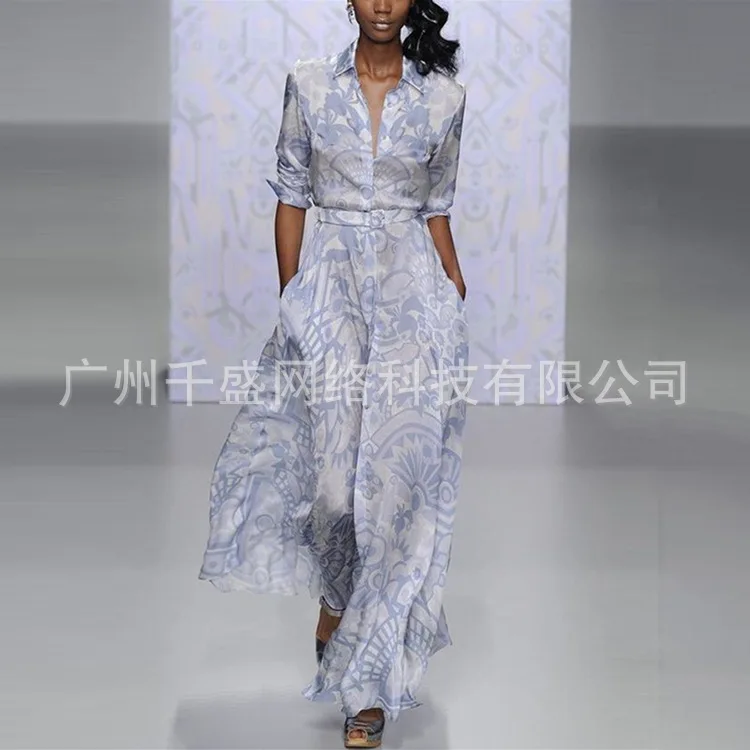 Офисная Леди печати Boho Макси женское платье модное с длинным рукавом винтажные