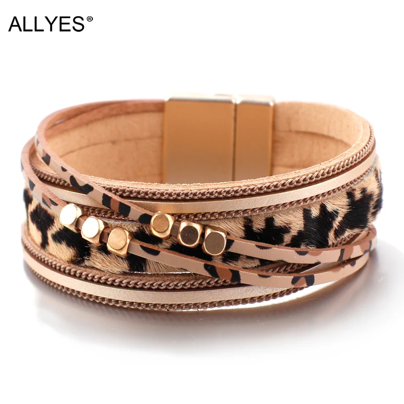 Женский кожаный браслет ALLYES с леопардовым принтом широкий многослойный из
