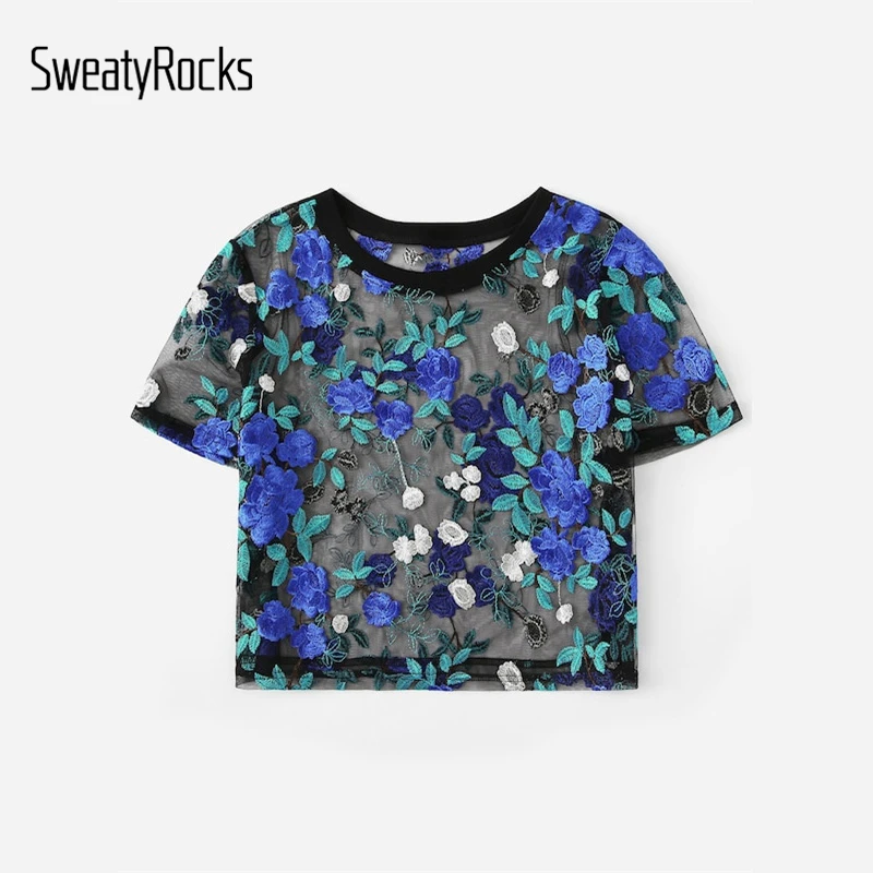SweatyRocks, Цветочная вышивка, прозрачная сетчатая блузка, короткий рукав, модные сексуальные короткие топы, летние женские Гламурные блузки