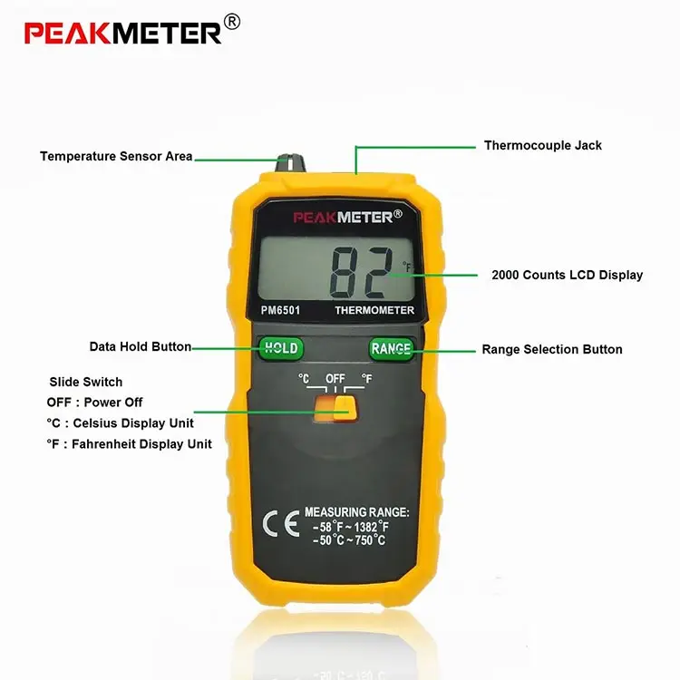MS6501 Peakmeter цифровой термометр-58F~ 1382F измеритель температуры с типом K сенсорный датчик термопары