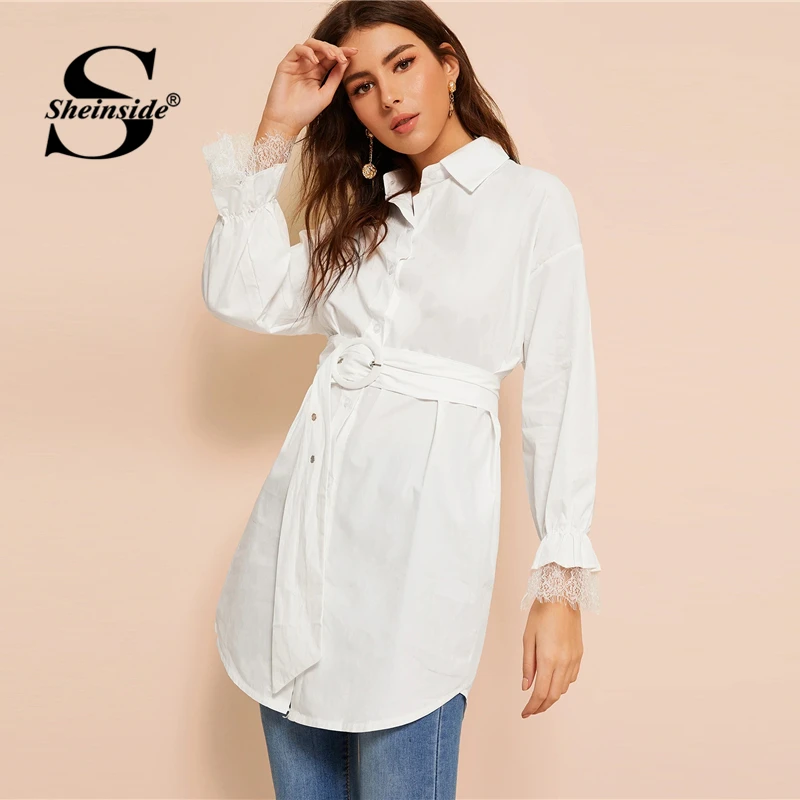Sheinside белая элегантная Длинная блузка с поясом для женщин контрастный кружевной рукав-Волан блузки Женский однотонный минималистичный Топ