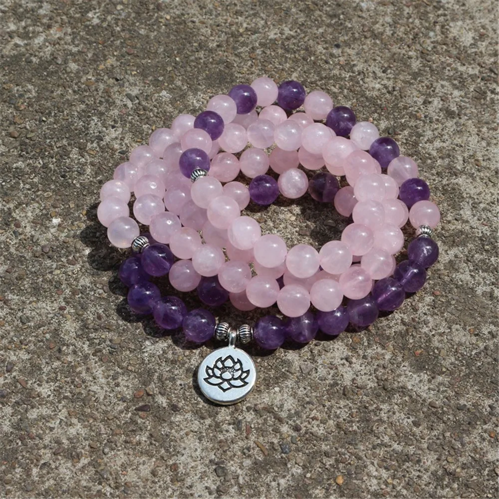 

108 Beads 8mm Rose Crystal Bracelet Yoga Healing Mala Lotus Charm Prayer Necklace Buddha OM Women Meditation Jewelry Dropship