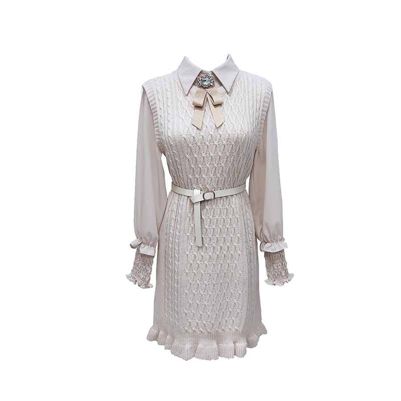 Женское вязаное платье ALPHALMODA изящное + рубашка с длинным рукавом костюм из 2