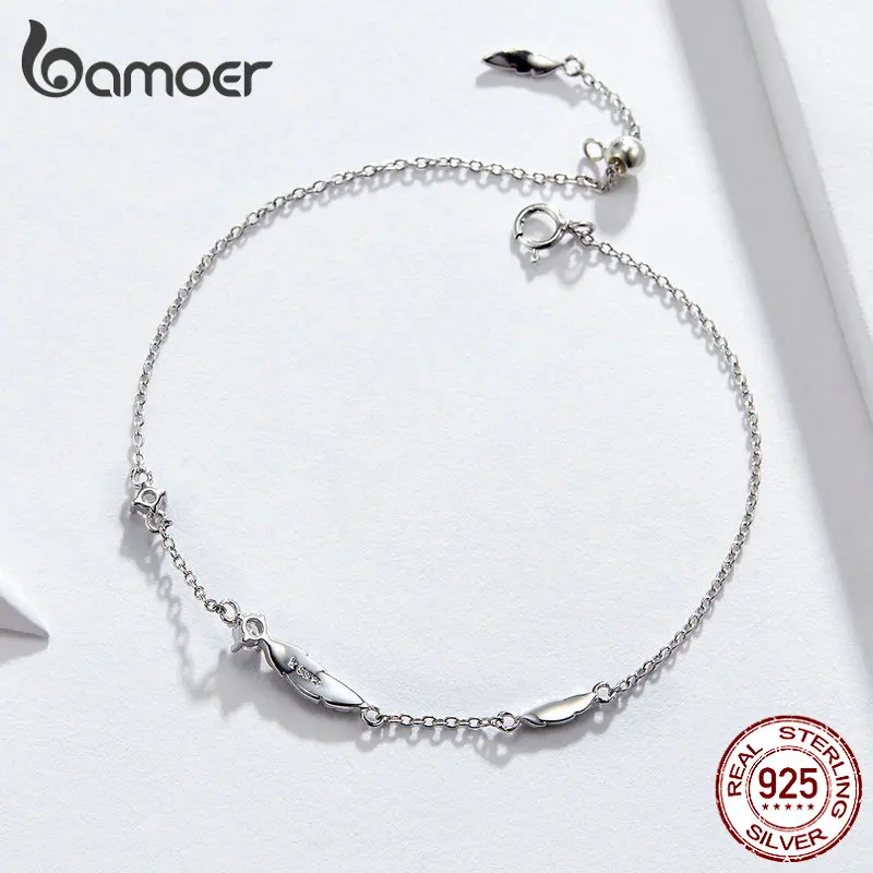 BAMOER Boho цепь с перьями браслет из стерлингового серебра 925 звено в богемном стиле циркония ювелирные изделия Летние подарки для девочек SCB133