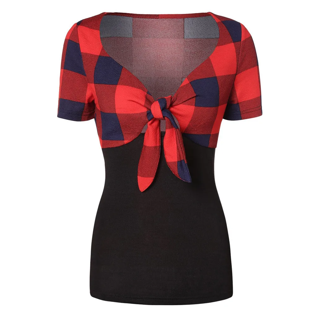 Женская футболка лето 2019 повседневная цветная блочная в клетку с бантом | одежда
