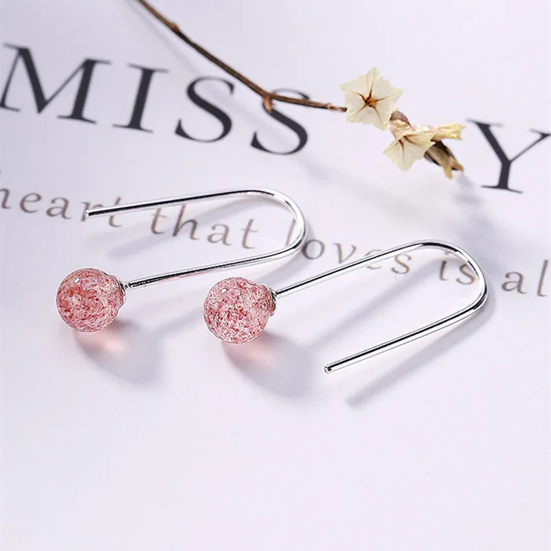 Женские серьги из серебра 100% пробы с натуральным розовым клубничным кварцем |