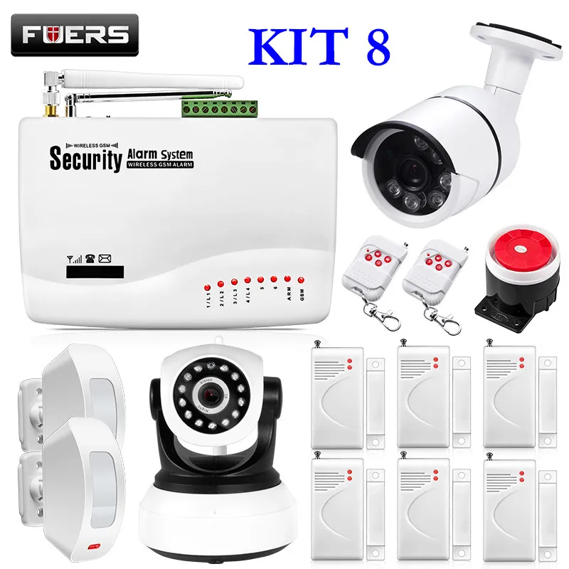 Fuers GSM сигнализация s охранная домашняя сигнализация комплекты Русский Голос с PIR датчиками движения дверные детекторы наружная IP камера