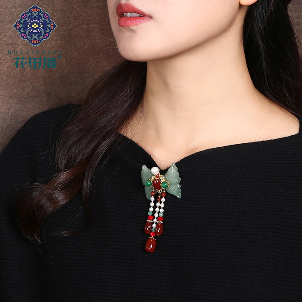 Ethnic Handmade Green Butterfly Tassel Brooch Jad e Pearl Chain Tassel/Dangle XZ-18103 | Украшения и аксессуары