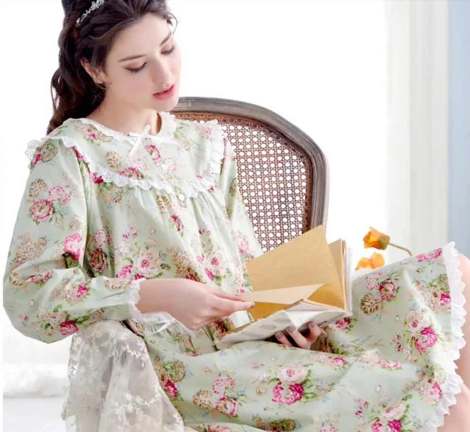 100% хлопковая ночная рубашка женская летняя с принтом зеленая французская