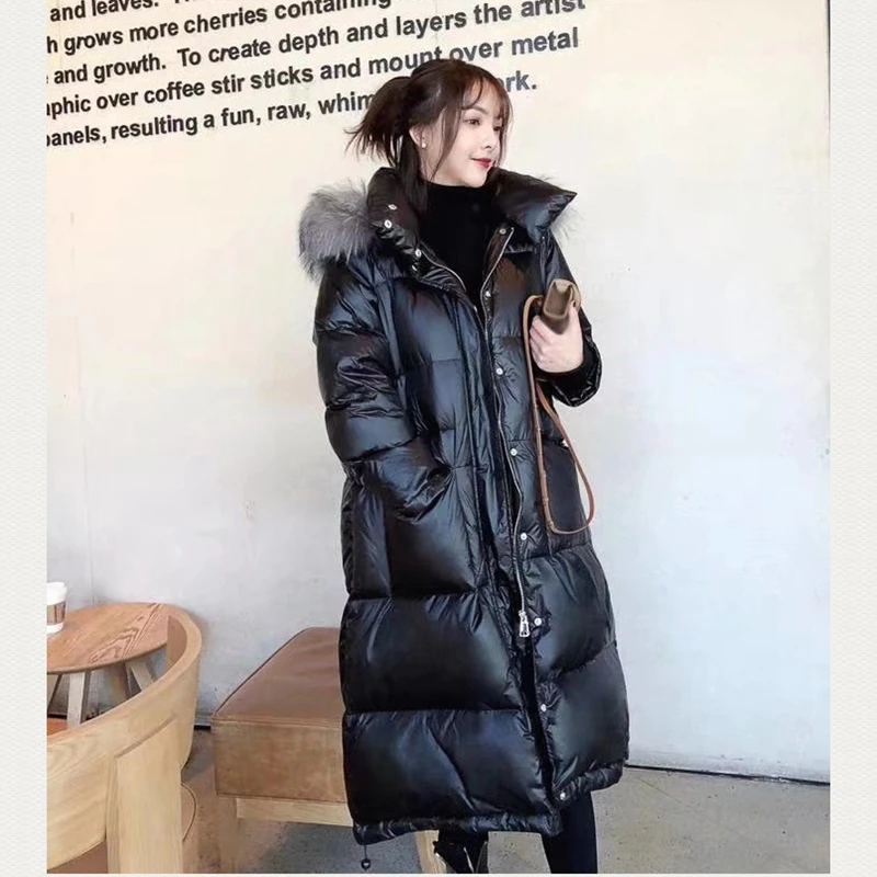 Женское пальто на утином пуху,, модное, длинное, женское, высокое качество, белый утиный пух, куртка, ультра-большой, натуральный мех, Воротник из енота