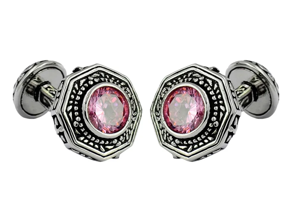 Blue and pink crystal octagon cufflinks engraved double sided brass plated white steel art deco | Украшения и аксессуары
