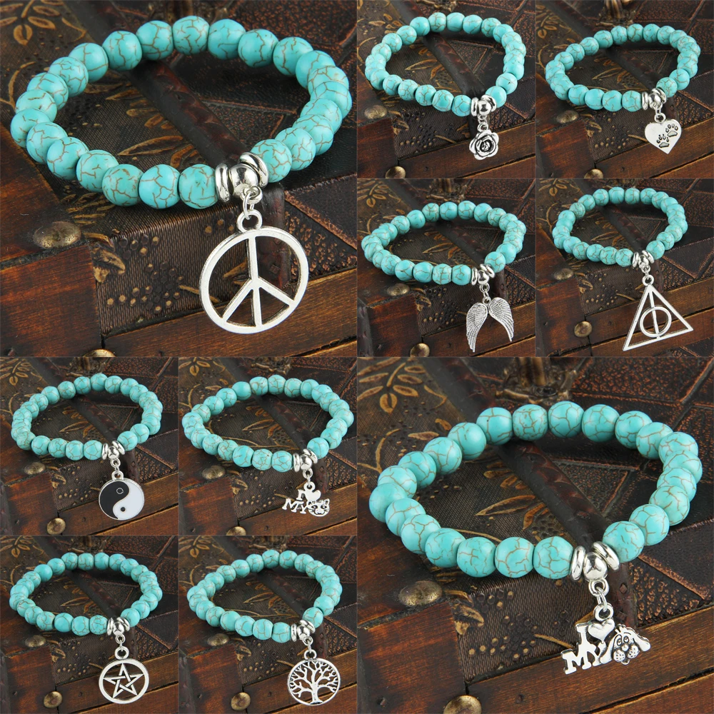 Bespmosp Hot Vintage Blue Bead Pendant Bracelet Yin Yang Angel Wings Heart Dog Cat Tags Animal Footprint Women Jewelry Wristband |