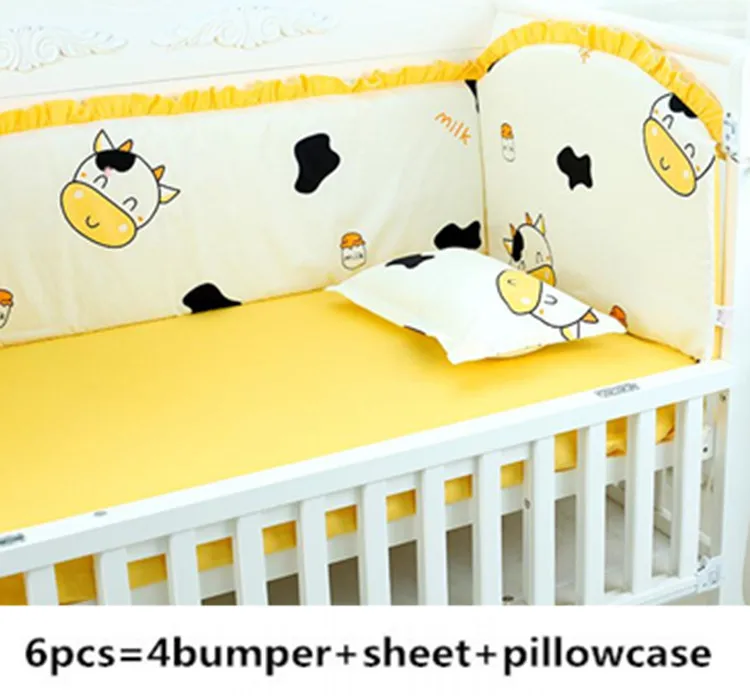 

6PCS Cow Washable Baby Bedclothes Cribs Baby Bed Protector Cot Bedding Set protetor de berço (4bumper+sheet+pillow cover)