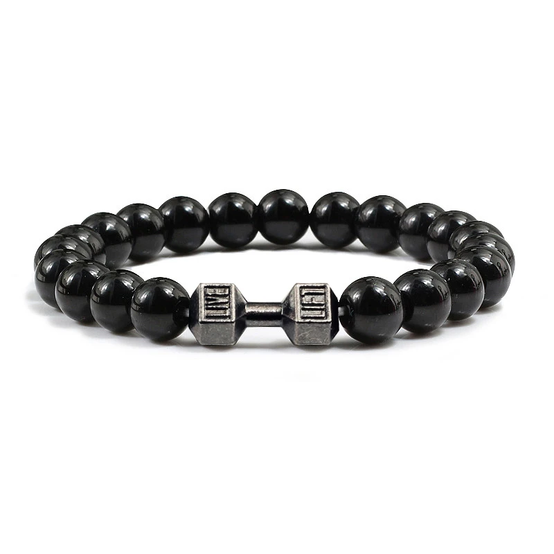 1 шт. модный натуральный камень браслет для мужчин Fit Life Matte Black Stones браслет с гантелей фитнес мотивация тренажерный зал Ювелирные изделия Подарки Femme - Окраска металла: gun black big