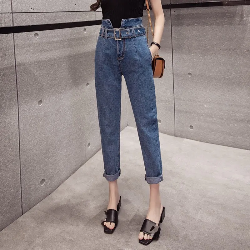 Hot Sale Plus Size New High Waist Harem Jeans Women Fashion Belt Pockets Denim Pants Casual Solid Loose Trousers