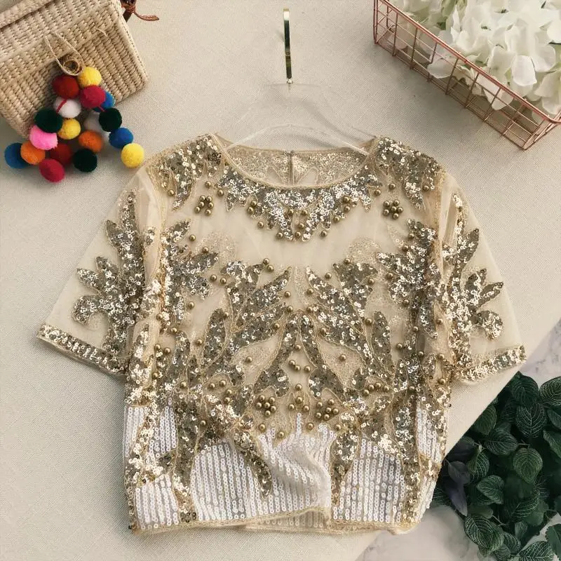 Лето 2019 женские блестящие короткие футболки сексуальные сетчатые топы с