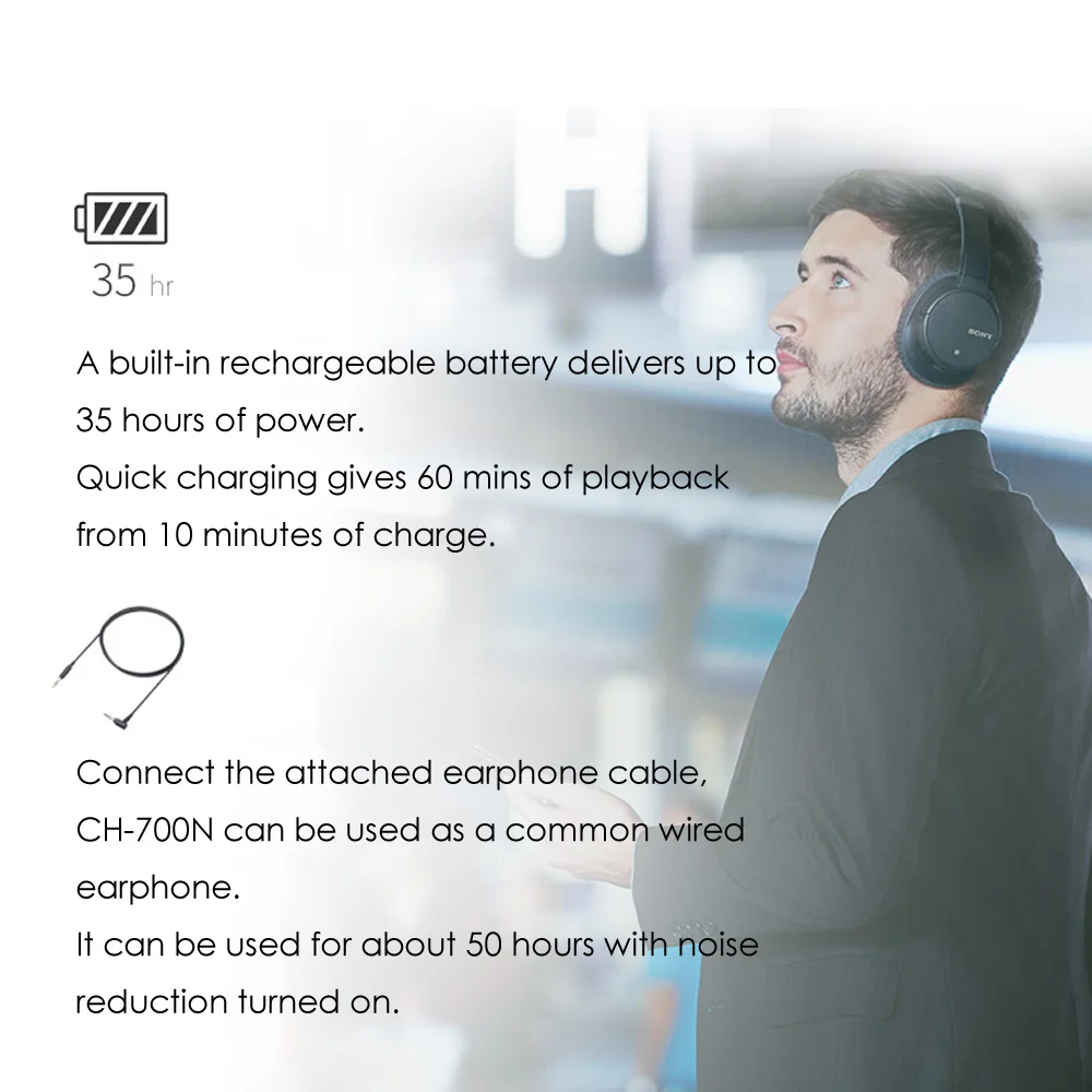 SONY WH-CH700N, беспроводные Bluetooth наушники с шумоподавлением, Накладные наушники, NFC aptX HD, музыкальная гарнитура с микрофоном