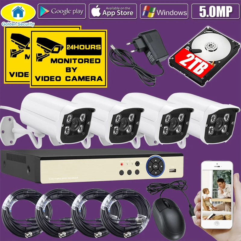 Золотой безопасности 4CH DVR комплект 5.0MP HD CCTV камера видеонаблюдения 1080P HDMI видео камеры безопасности системы Выход 500G 1 ТБ 2 ТБ