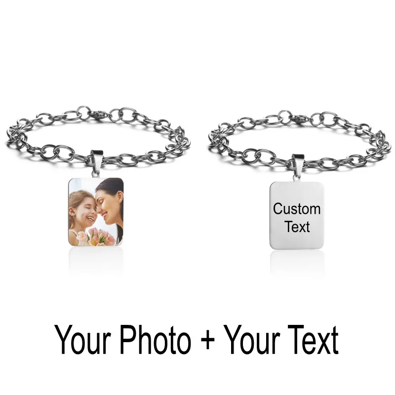 Silver2 Color Photo Персонализированные индивидуальные браслеты с выгравированным фото именем и датой для женщин и мужчин из нержавеющей стали, регулируемые браслеты с идентификационной биркой, семейные подарки - Окраска металла: Silver2 Color Photo