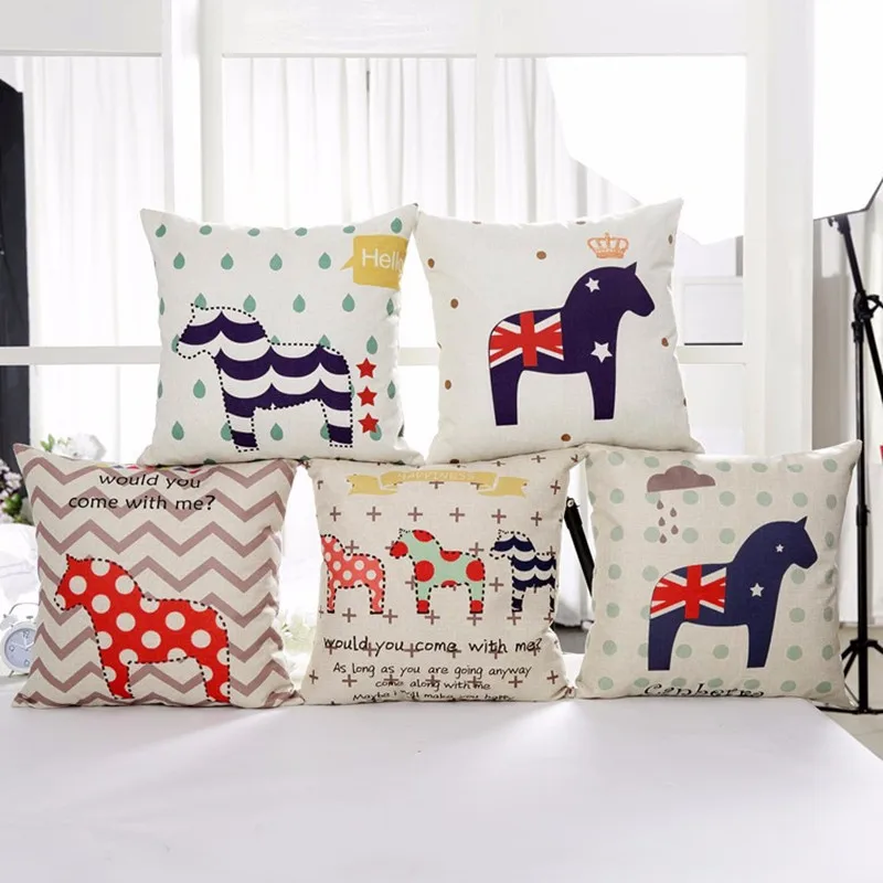 

London Style Small Horse Letter Animals Throw Pillow Case Cover For Sofa Home Decor Cotton Linen Cushion Cover 45X45cm