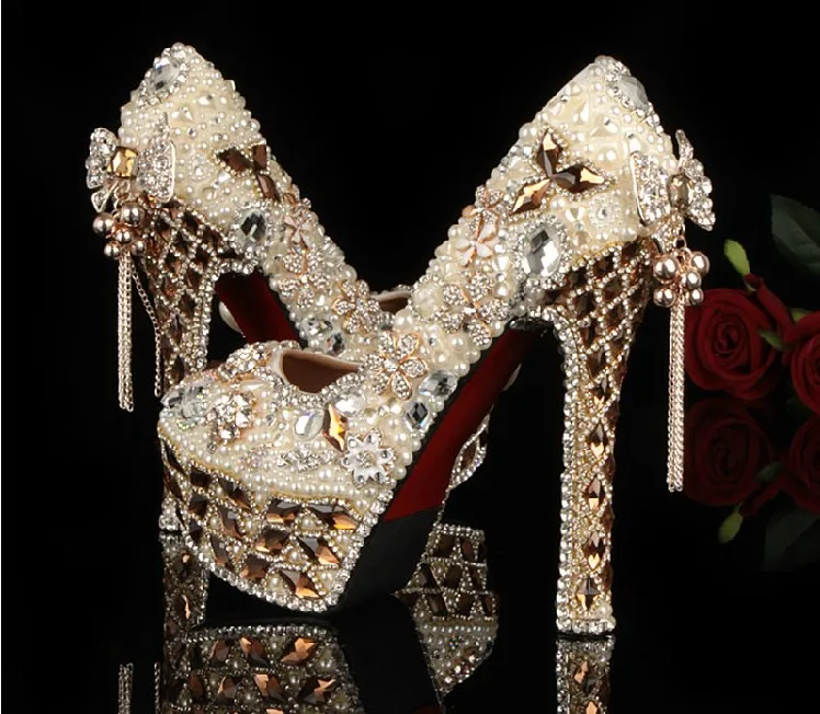 

Luxury High Heels Rhinestone Crystal Wedding Bridal Dress Shoe Jeweled Beaded Women Evening Prom Party Shoes Bridal Dress Shoes