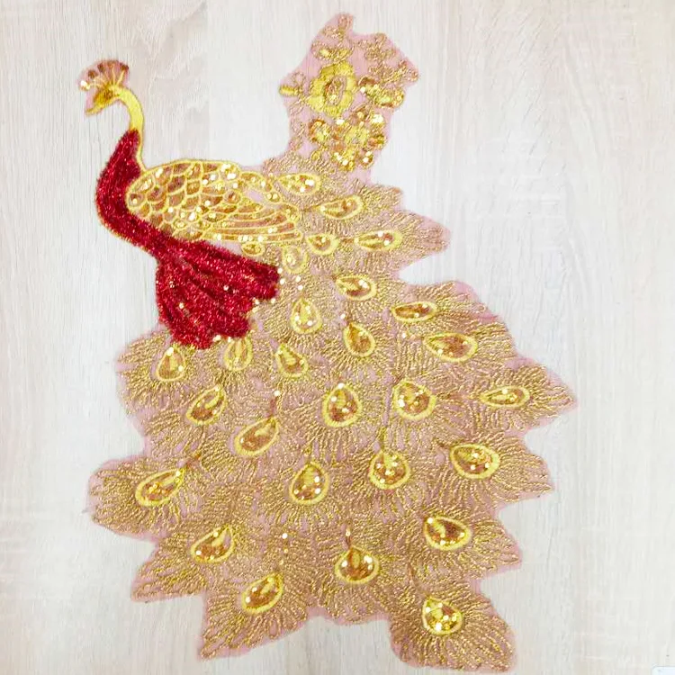 Золотая нить вышитые блесток павлин патч ткань большая аппликация Африканские