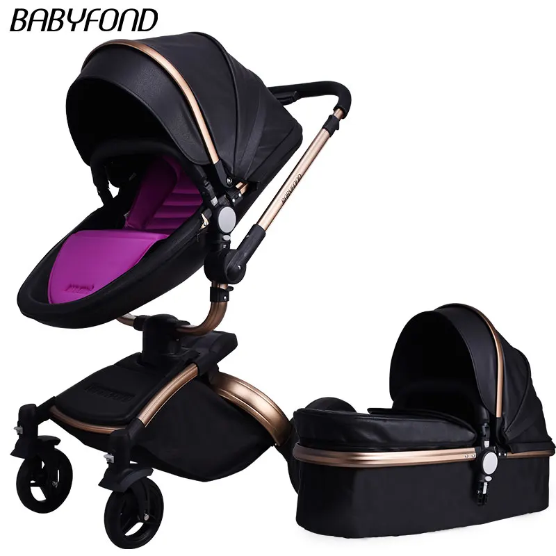 Black B Babyfond кожа(полиуретан) 2 в 1 Бесплатный вращающихся сидения-люльки детская коляска PU двухсторонние коляски с амортизаторами, детская коляска для младенца тележка бесплатные подарки - Цвет: Black B