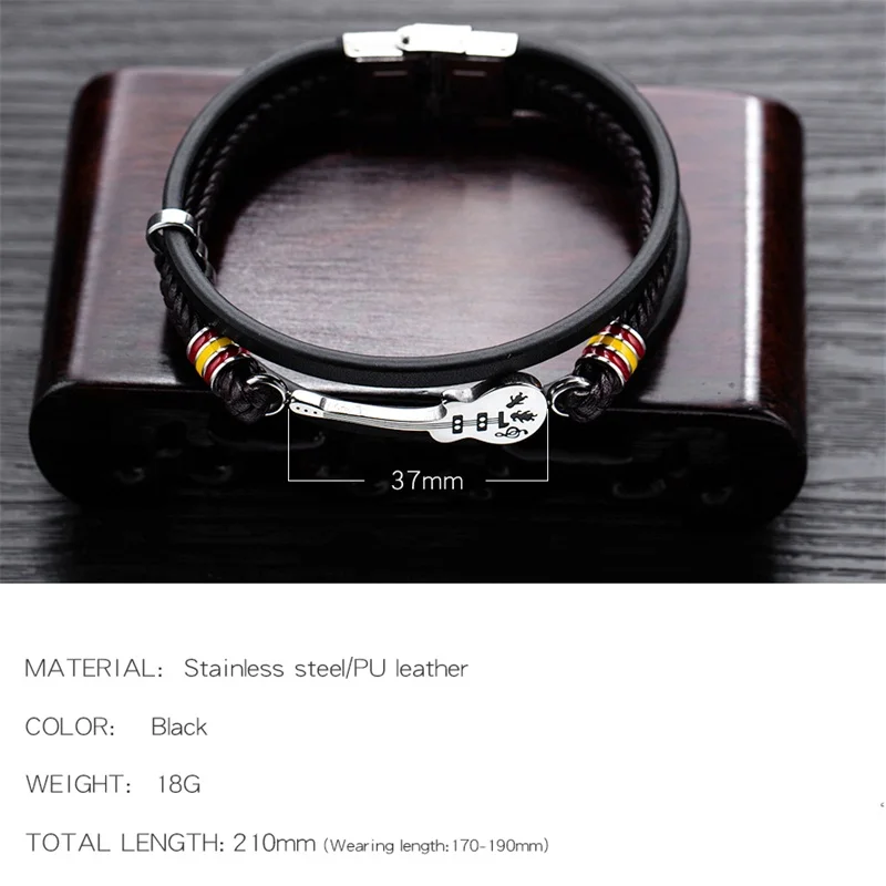 V.YA New Style Guitar Black Bracelet For Male Stainless Steel Braided Multilayers PU Leather Adjustable Bangle Men | Украшения и