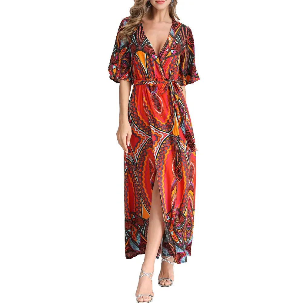 Женское летнее пляжное платье макси с V образным вырезом и винтажным