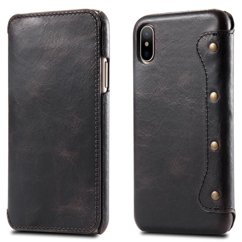 Черный Для iPhone XS XR чехол Ретро масло воск натуральная кожа флип чехол визитная карточка телефон сумка чехол для Apple iPhone XS Max винтажный Чехол - Цвет: Черный
