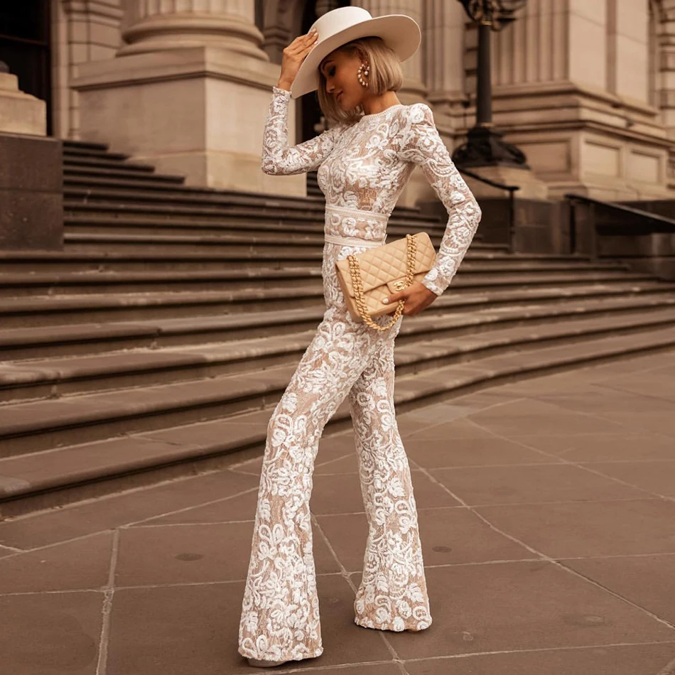 New lace full length jumpsuit fashion women's long sleeve wide leg Bodycon onesies celebrity runway party jumpsuit