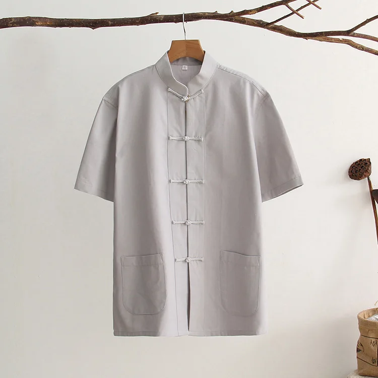 light gray Хлопок мужской короткий рукав Тан костюм топ мужской кунг фу Тай Чи Униформа Рубашка Блузка традиционная китайская одежда - Цвет: light gray