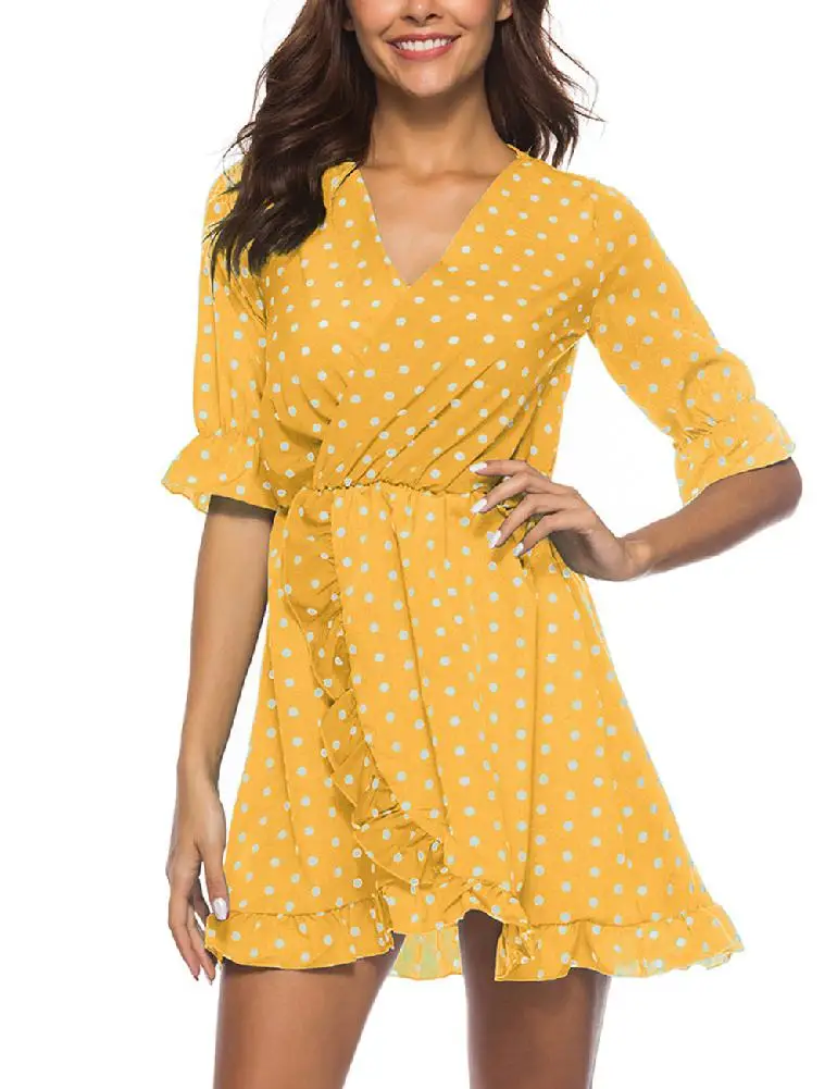 Женское сексуальное платье в горошек с глубоким V образным вырезом и рукавом