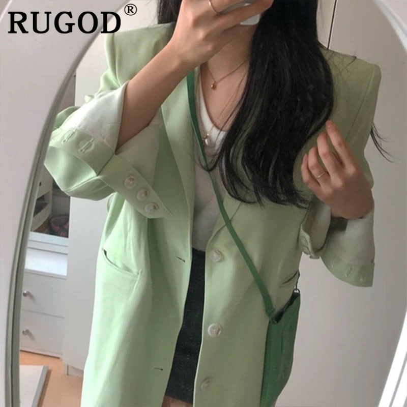

Женский однобортный пиджак RUGOD ins, зеленый пиджак в Корейском стиле для офиса, свободный зеленый пиджак