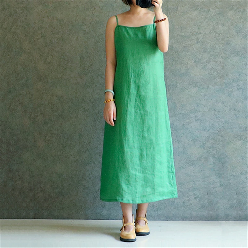 Женское льняное платье футляр Johnature винтажное тонкое свободное однотонное